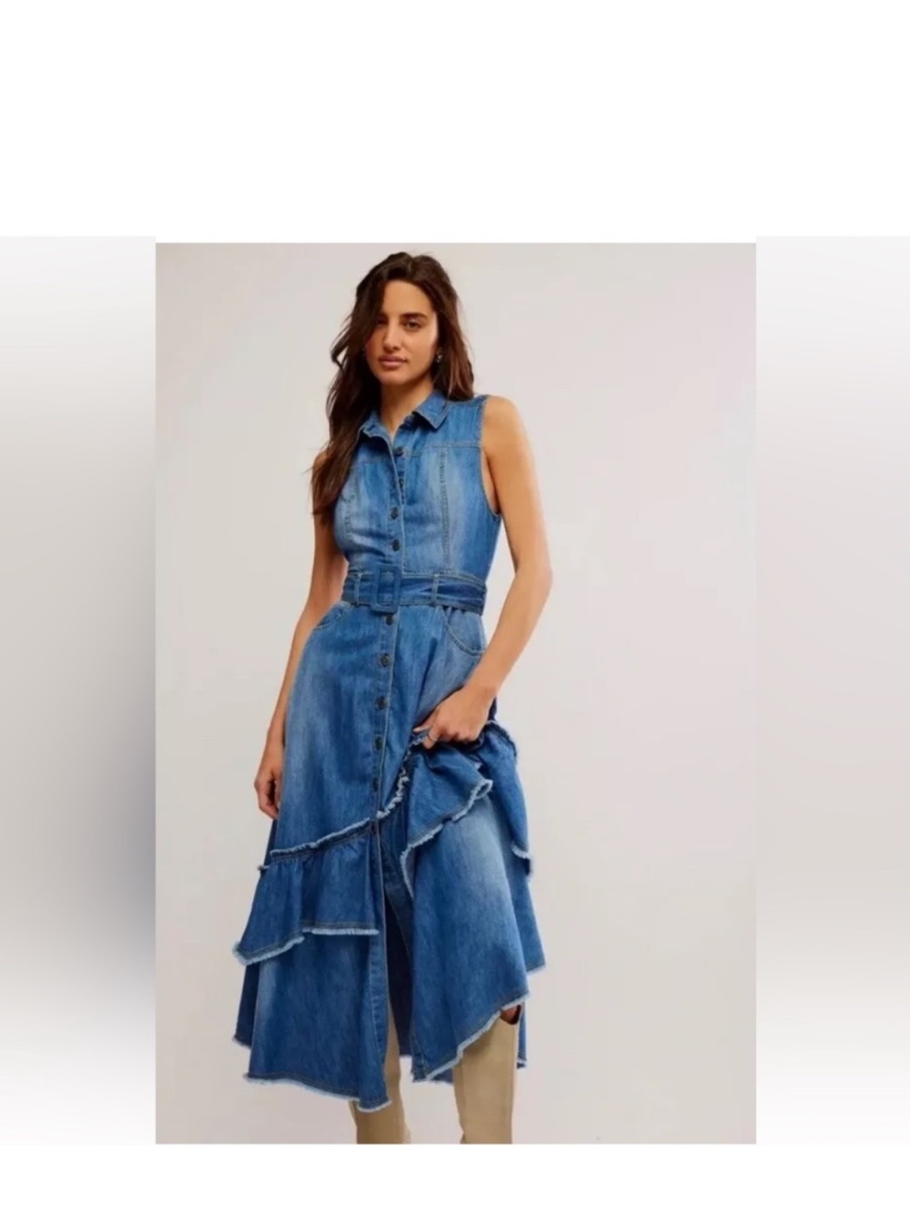 Free People Beau Button-Front Denim Midi/Maxi Dress with fringe details